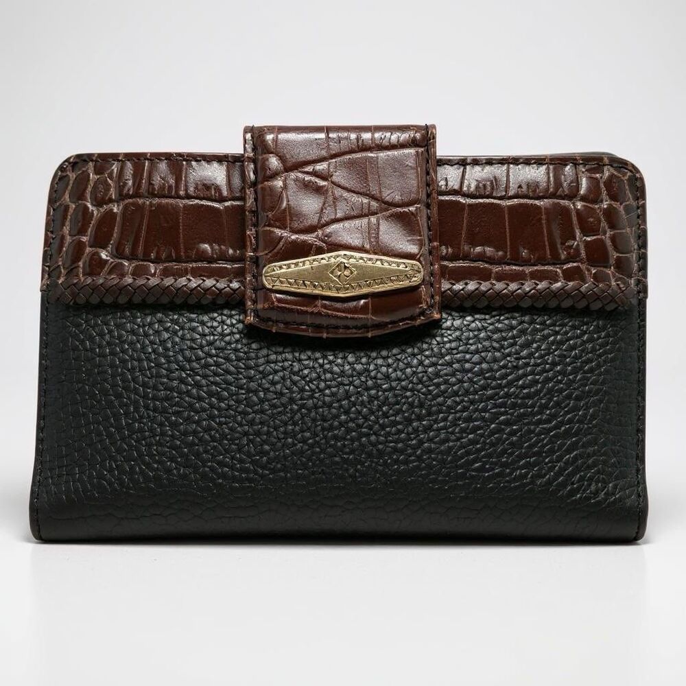 Brighton Leather Croc Embossed Bi-Fold Checkbook Vintage Wallet Brown/Black